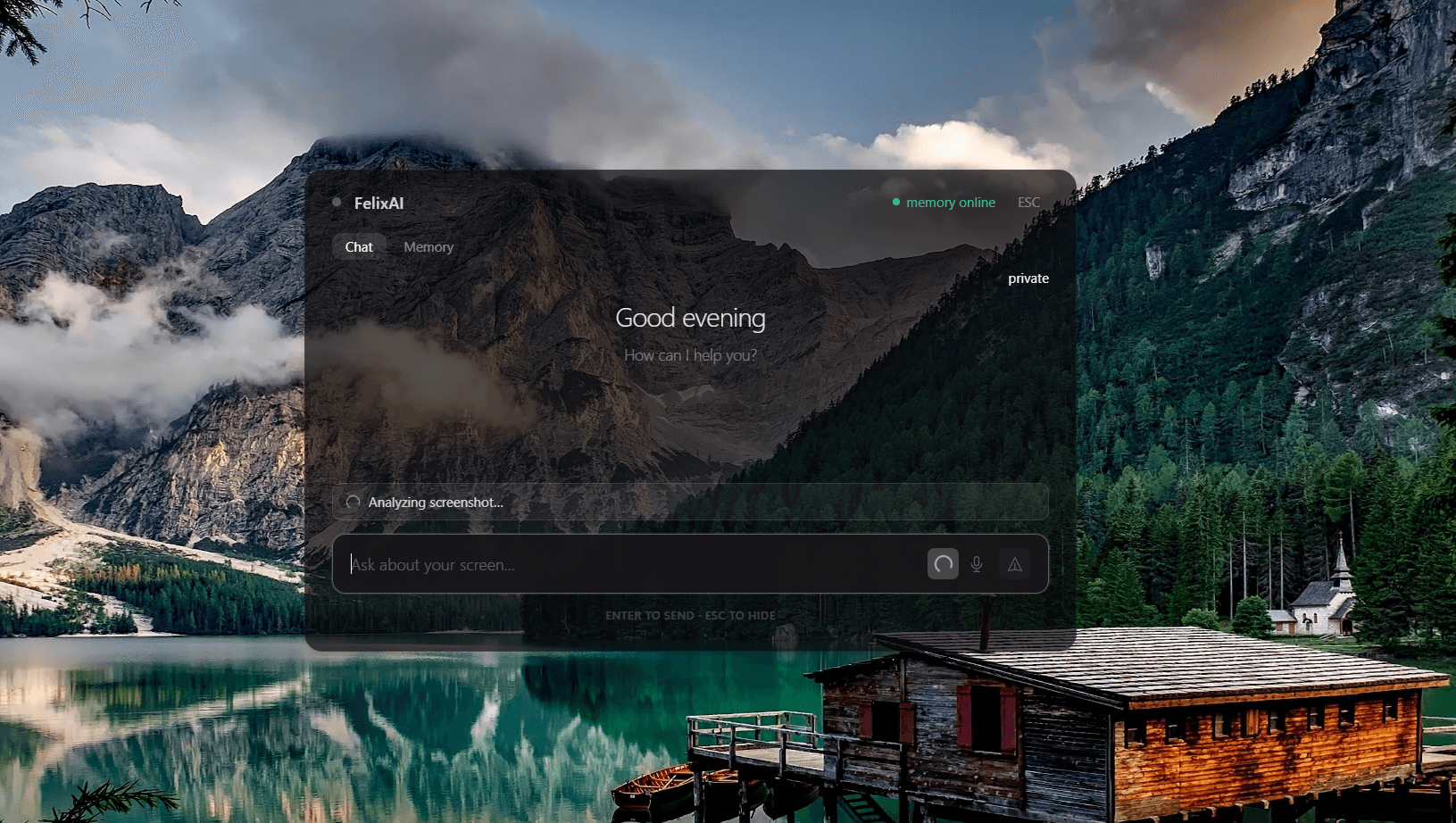 FelixAI desktop app over a scenic lake background